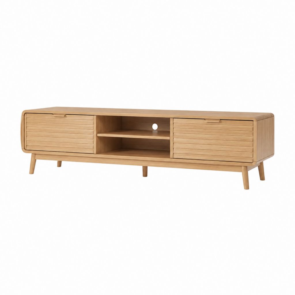 Meuble TV en chêne clair avec 2 portes coulissantes et niches ouvertes 180 x 40 x 55 cm