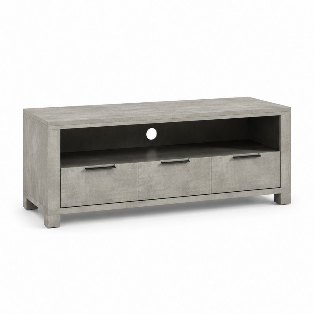Meuble TV gris béton en panneaux de particules 120 x 40 x 60 cm avec 3 portes et passe-câble