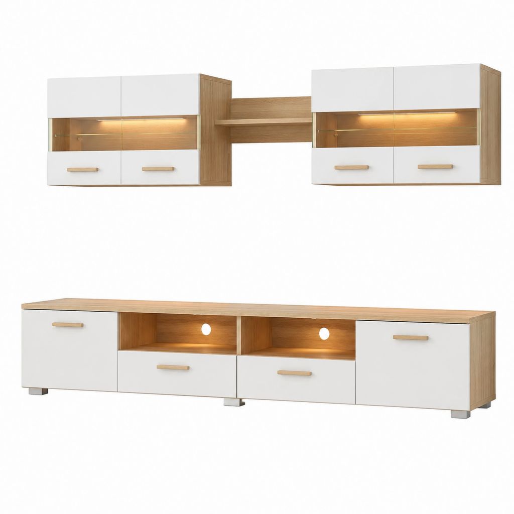 Ensemble meuble TV mural blanc et chêne avec éclairage LED 240 x 40 x 180 cm