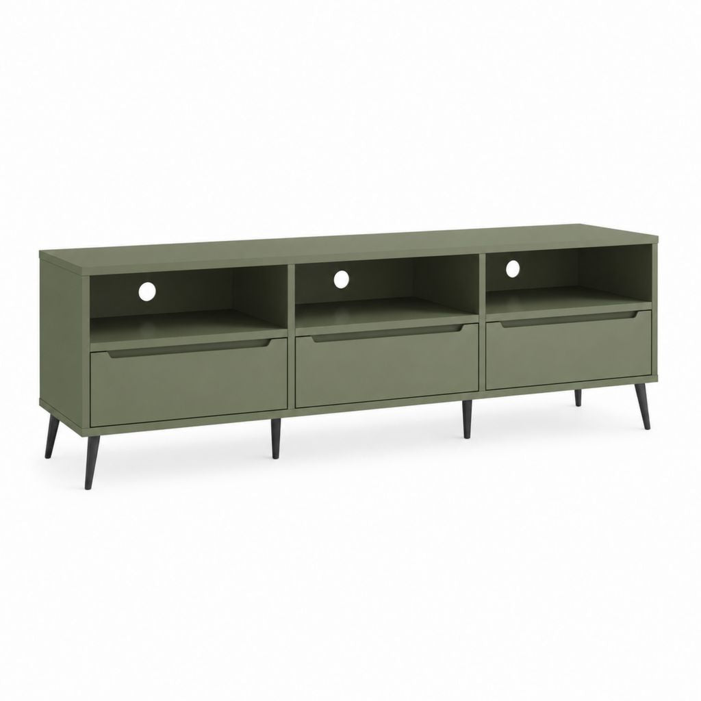 Meuble TV 160 cm vert olive en MDF rectangulaire avec 3 niches et 3 portes 160 x 40 x 60 cm