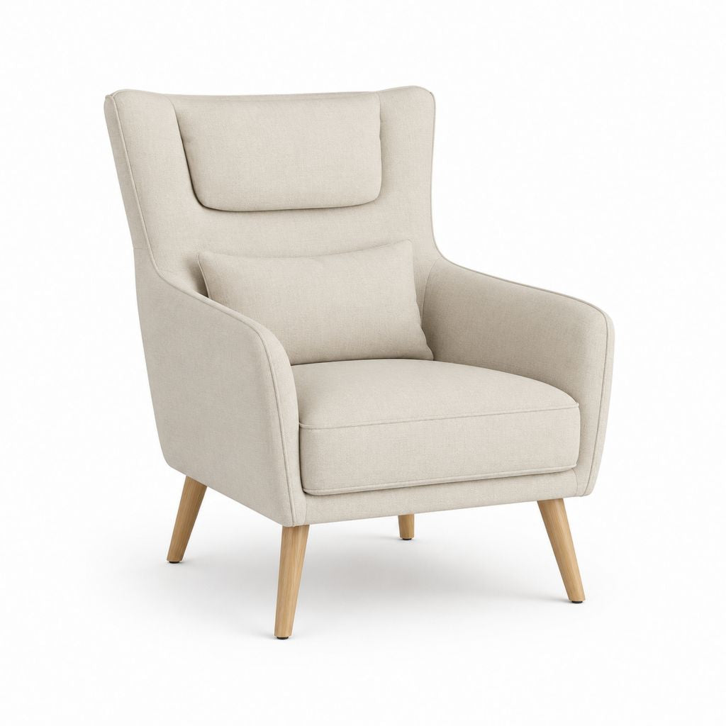 Fauteuil à oreilles beige en polyester avec pieds en hêtre massif 80 x 88 x 105 cm