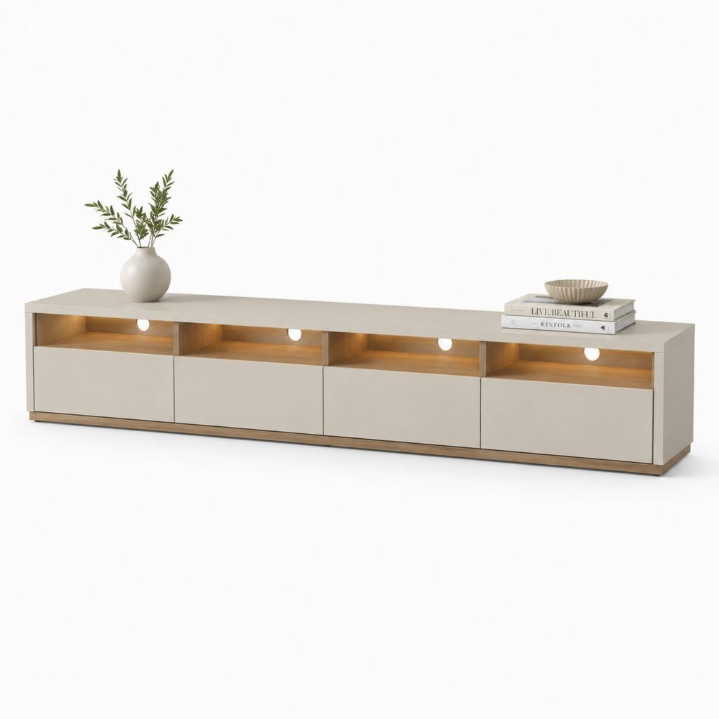 Meuble TV bas beige et chêne en panneaux MDF 240 x 40 x 45 cm avec 4 portes et éclairage LED