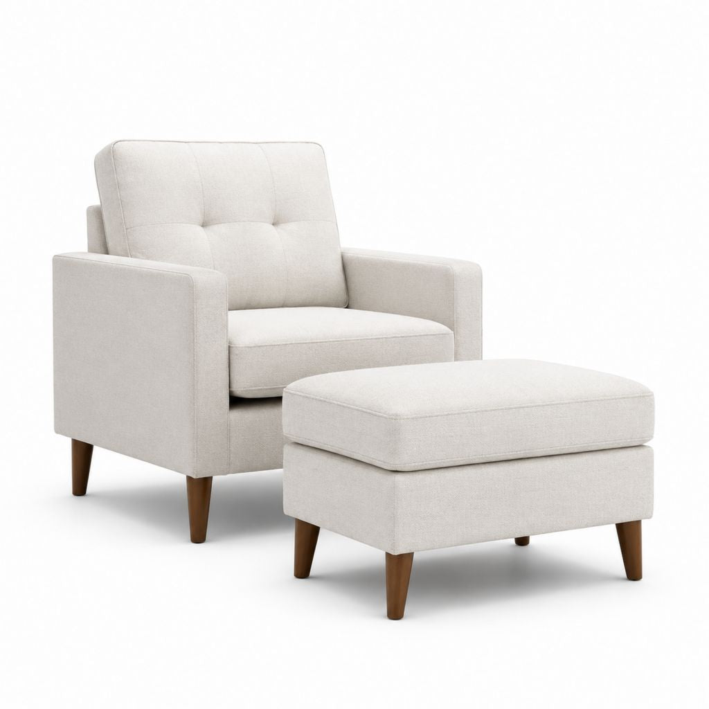 Fauteuil de salon avec repose-pieds écru en polyester à dossier capitonné 76 x 82 x 92 cm