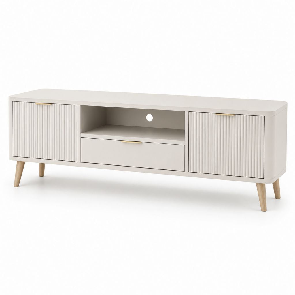 Meuble TV blanc en panneaux MDF 160 x 40 x 55 cm avec 2 portes coulissantes et tiroir