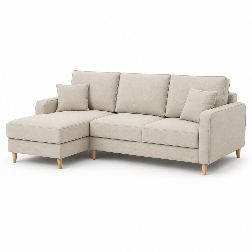 Canapé d'angle 3 places avec méridienne gauche beige en polyester 240 x 150 x 85 cm