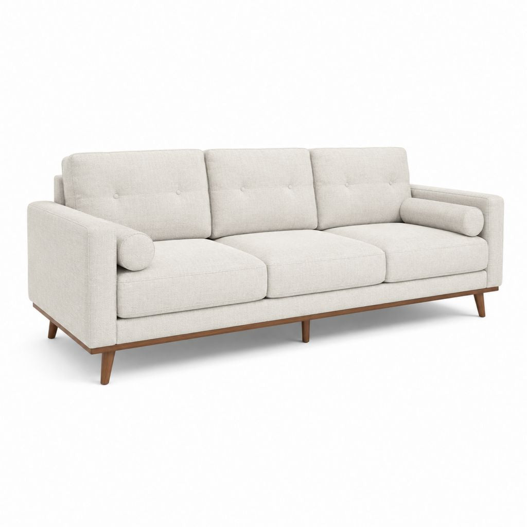 Canapé droit 3 places beige en polyester avec pieds en bois massif 220 x 90 x 85 cm