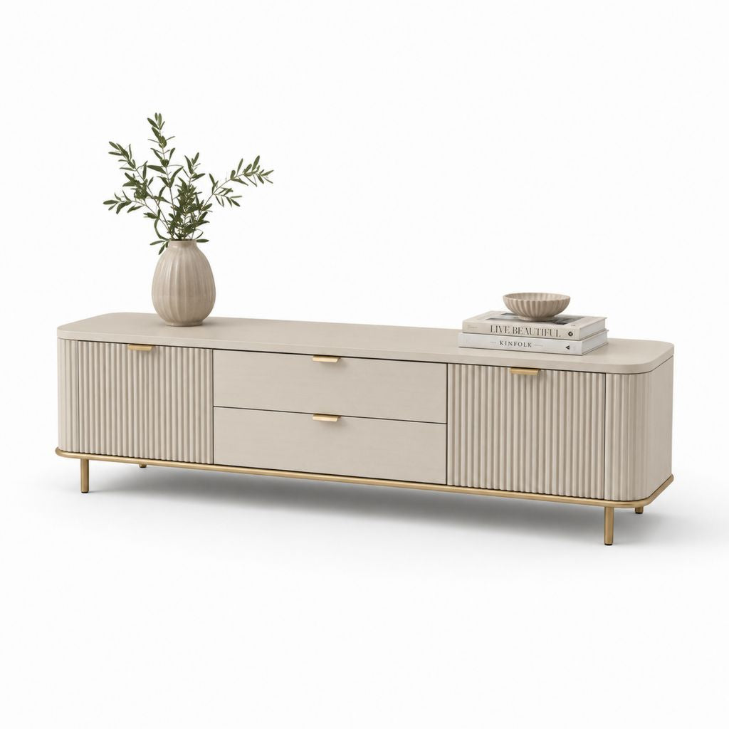 Meuble TV bas beige en panneaux MDF rainurés 180 x 40 x 55 cm