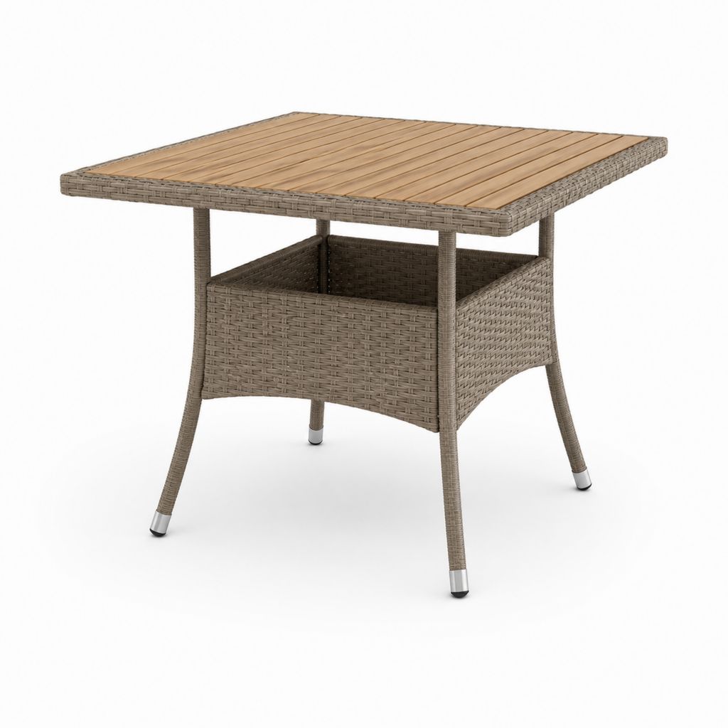 Table de jardin carrée taupe en résine tressée et acacia massif 100 x 100 x 74 cm