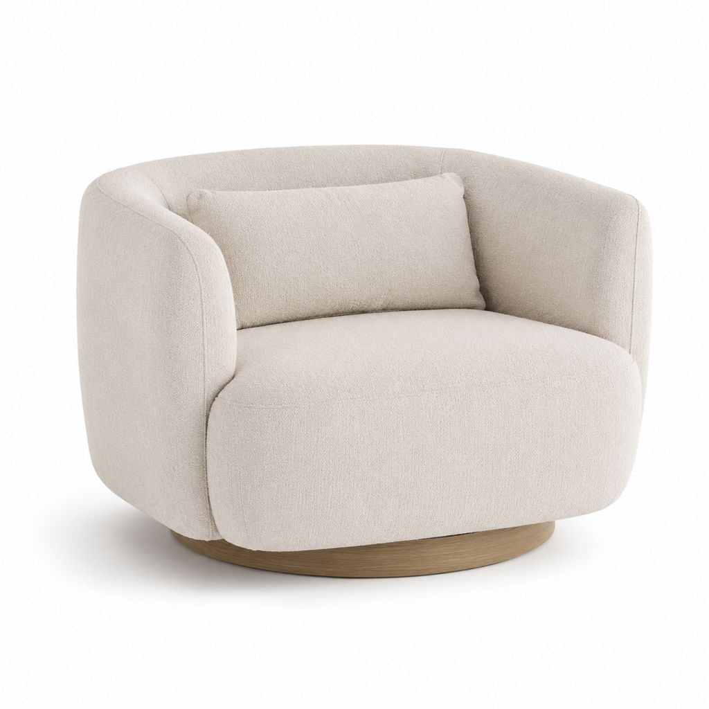 Fauteuil pivotant écru en polyester bouclette avec base effet chêne 93 x 87 x 76 cm