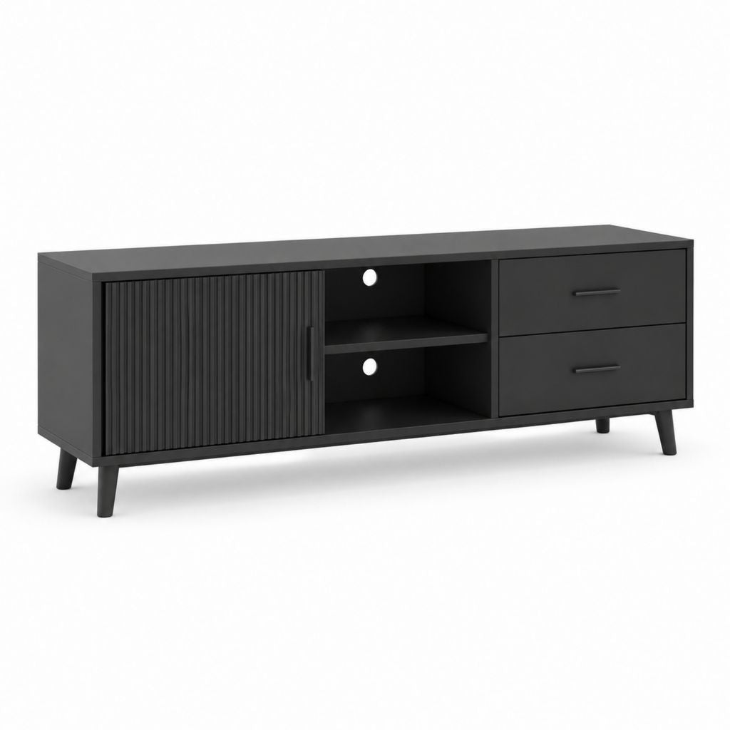 Meuble TV noir en panneaux MDF rectangulaire avec porte coulissante 2 tiroirs 160 x 40 x 60 cm