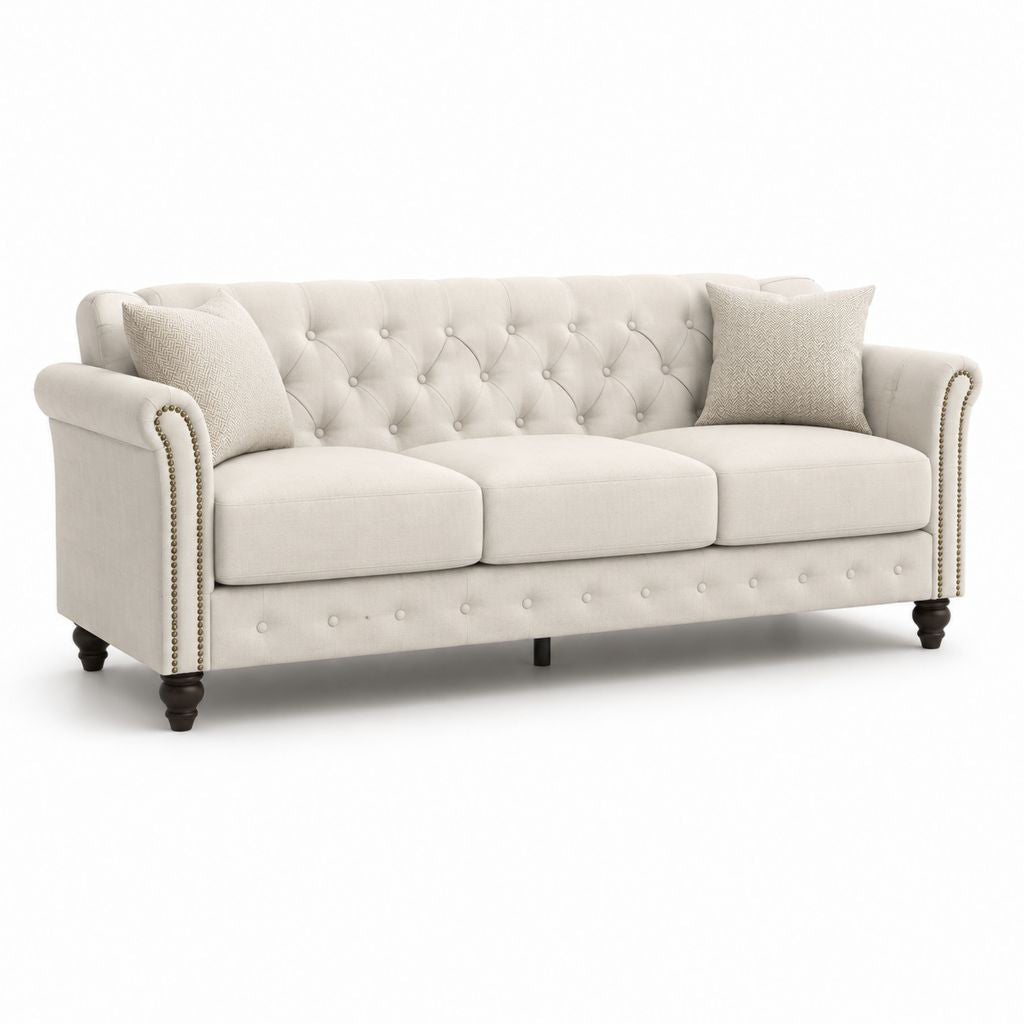 Canapé 3 places droit beige en polyester avec capitonnage 220 x 90 x 90 cm