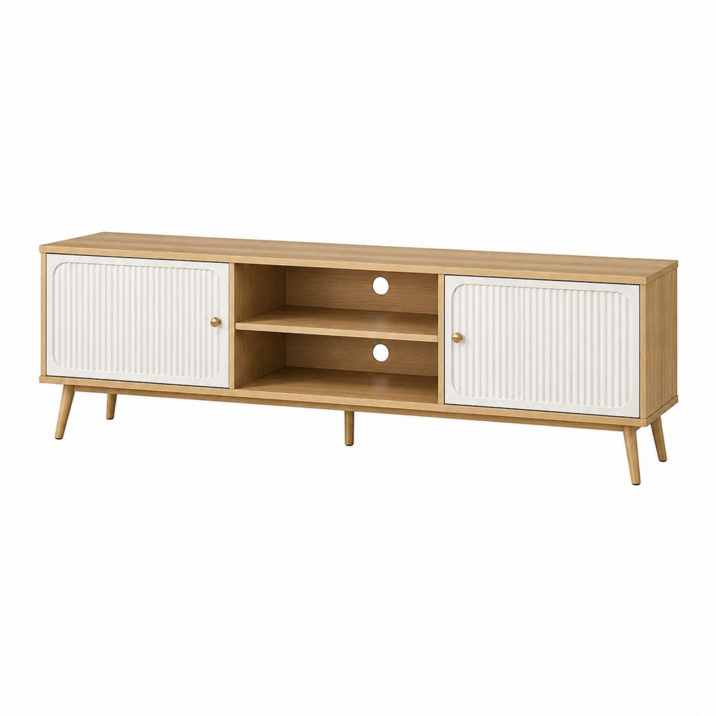 Meuble TV rectangulaire chêne clair et blanc en panneaux de particules 160 x 40 x 55 cm