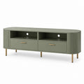 Meuble TV vert olive en panneaux MDF 160 x 40 x 55 cm avec 2 tiroirs et passe-câbles
