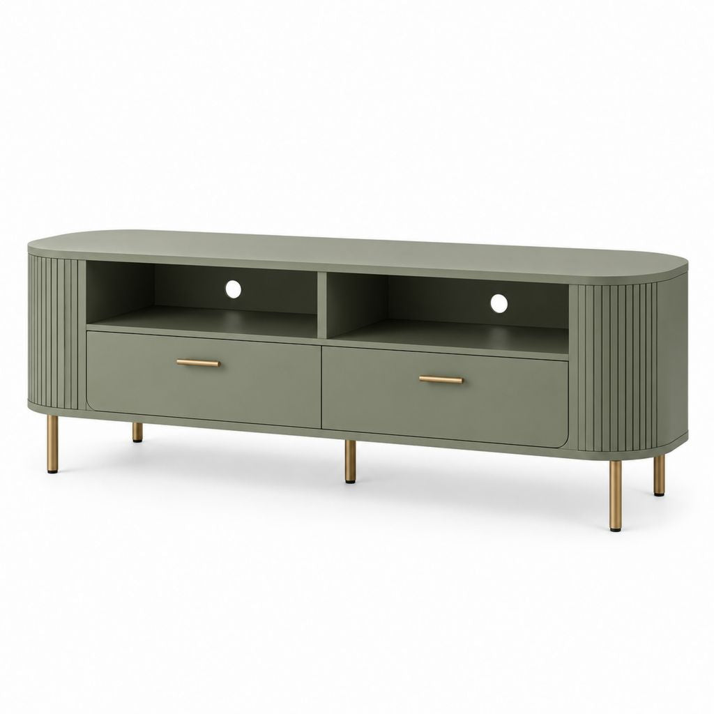 Meuble TV vert olive en panneaux MDF 160 x 40 x 55 cm avec 2 tiroirs et passe-câbles