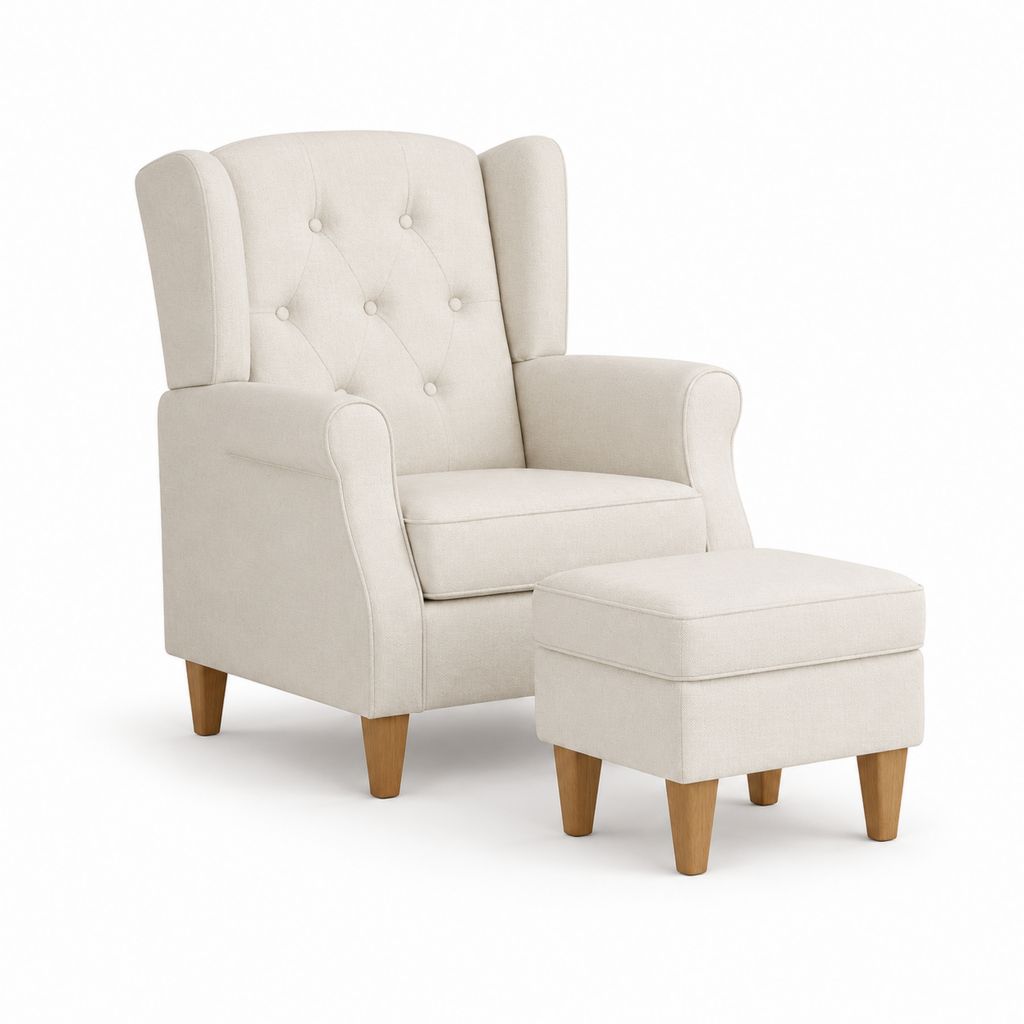 Fauteuil à oreilles avec repose-pieds blanc cassé en polyester pieds en hévéa massif 78 x 90 x 105 cm