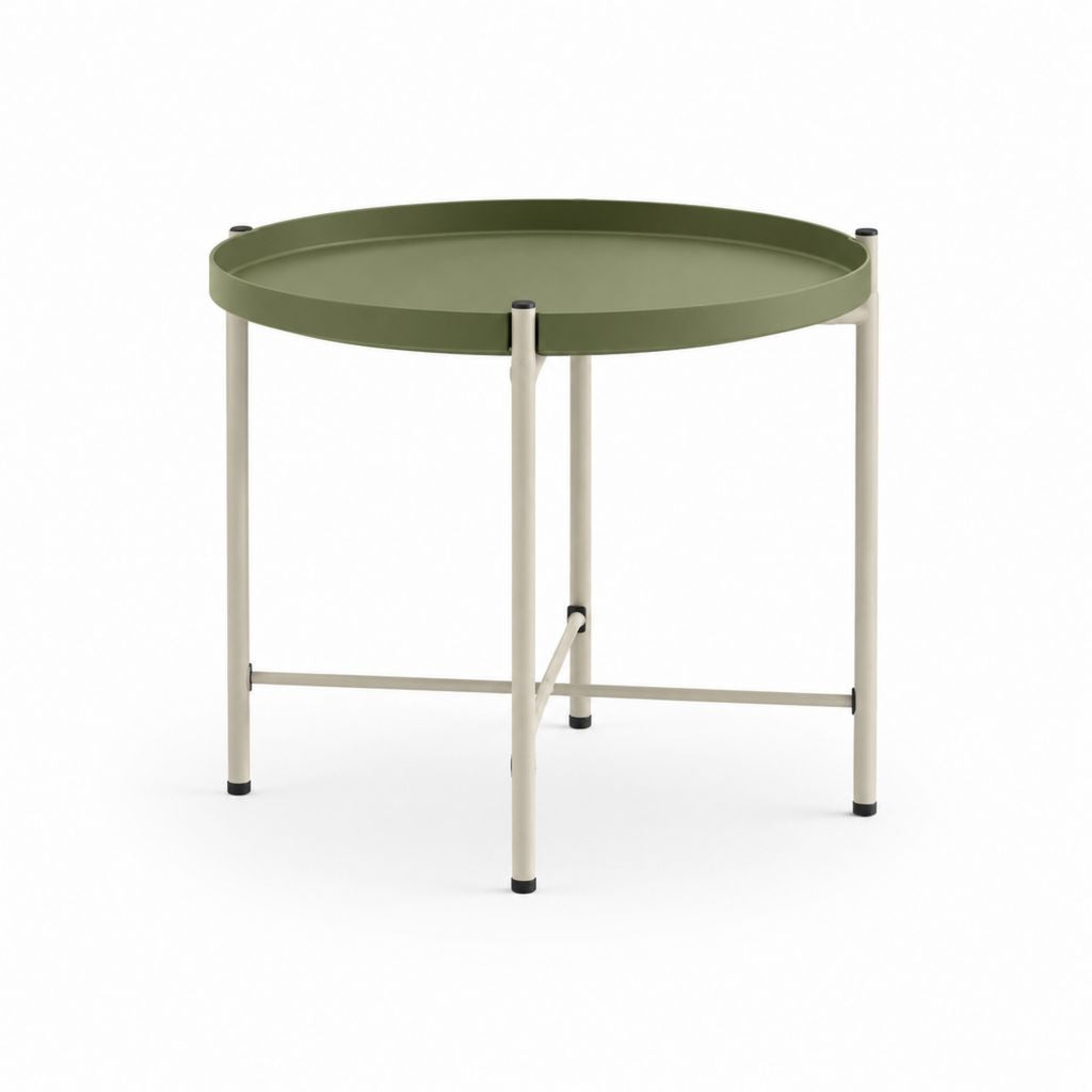 Table d'appoint ronde vert kaki et blanc cassé en acier Ø 60 cm hauteur 55 cm