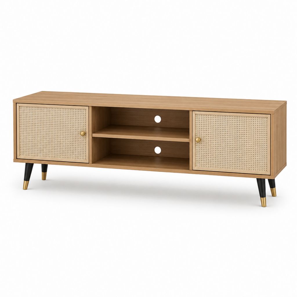 Meuble TV 140 cm noyer en MDF plaqué chêne avec portes en rotin et pieds en acier
