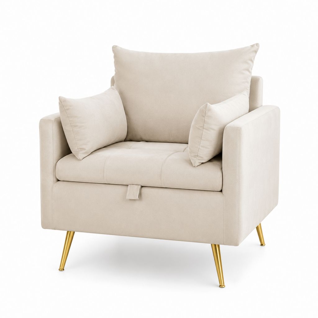 Fauteuil convertible 1 place rectangulaire beige en velours polyester 90 x 85 x 88 cm