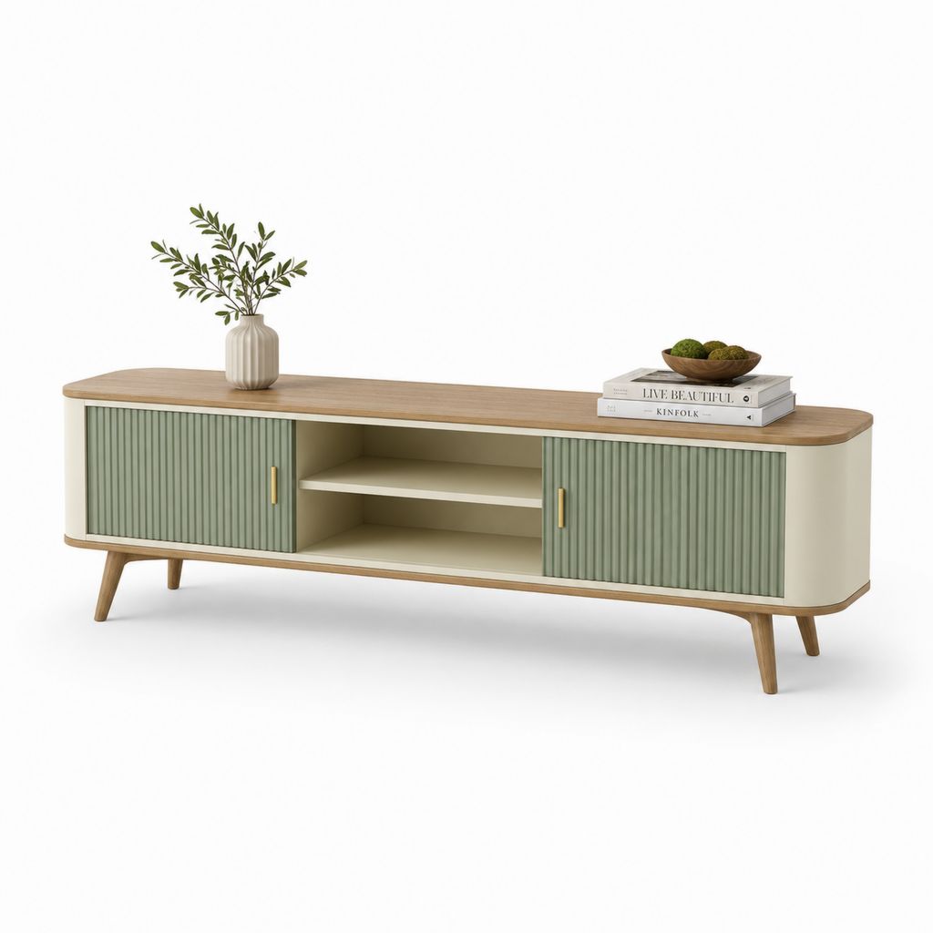 Meuble TV rectangulaire 180 cm vert sauge et beige en MDF avec portes coulissantes