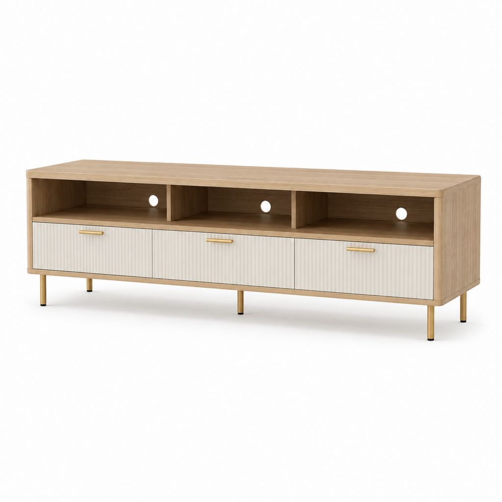 Meuble TV 3 tiroirs chêne clair et crème en panneaux de particules 180 x 40 x 60 cm
